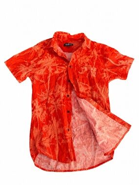 Men's Short-Sleeve Button-Up Shirt - Vibrant Orange Red Tropical Print